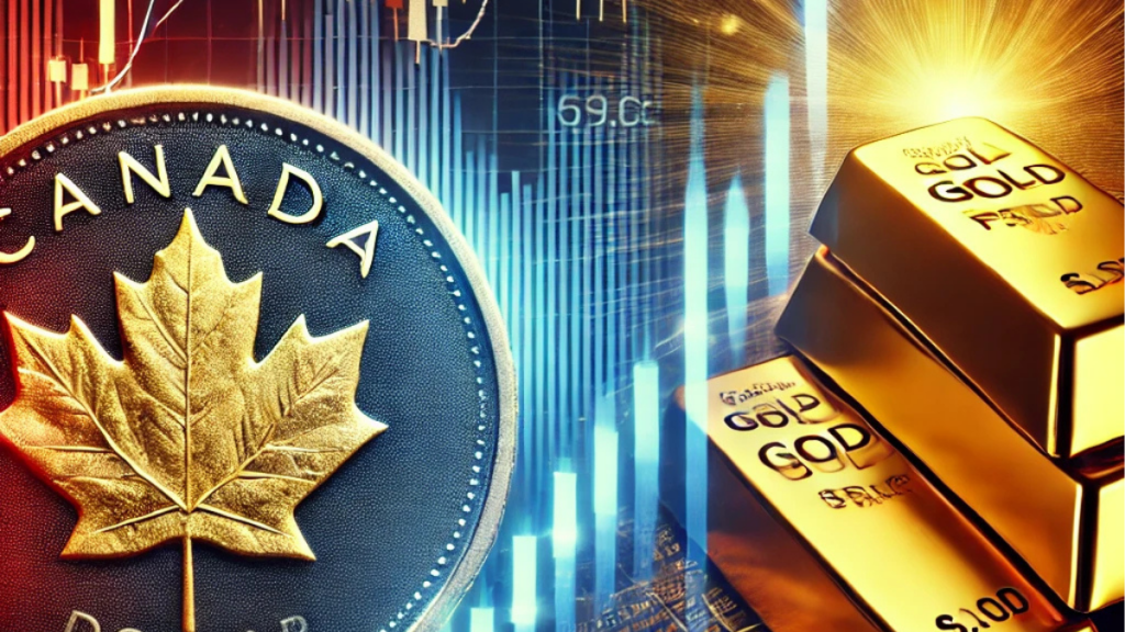 Declining Canadian loonie coin with a fluctuating stock market graph, alongside a glowing gold bar symbolizing economic instability and market shifts.