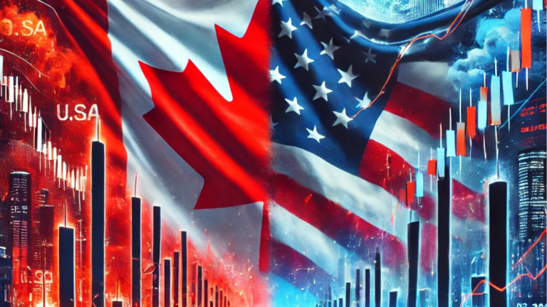 Canadian and American flags facing off with trade routes, fluctuating stock graphs, and tariff symbols, symbolizing economic tension and negotiation.