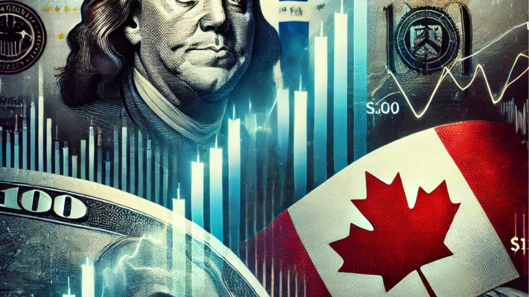 U.S. dollar towering over a declining Canadian loonie and Mexican peso, with fluctuating financial graphs symbolizing market instability due to trade tariffs.