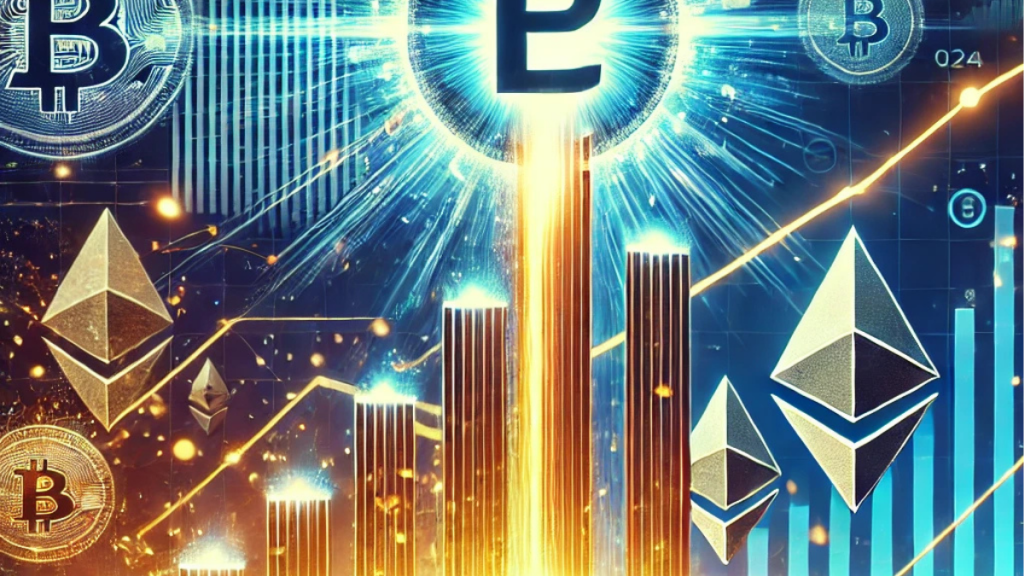 Glowing Coinbase logo rising above financial charts with soaring revenue graphs, surrounded by Bitcoin and Ethereum symbols, symbolizing crypto market growth.