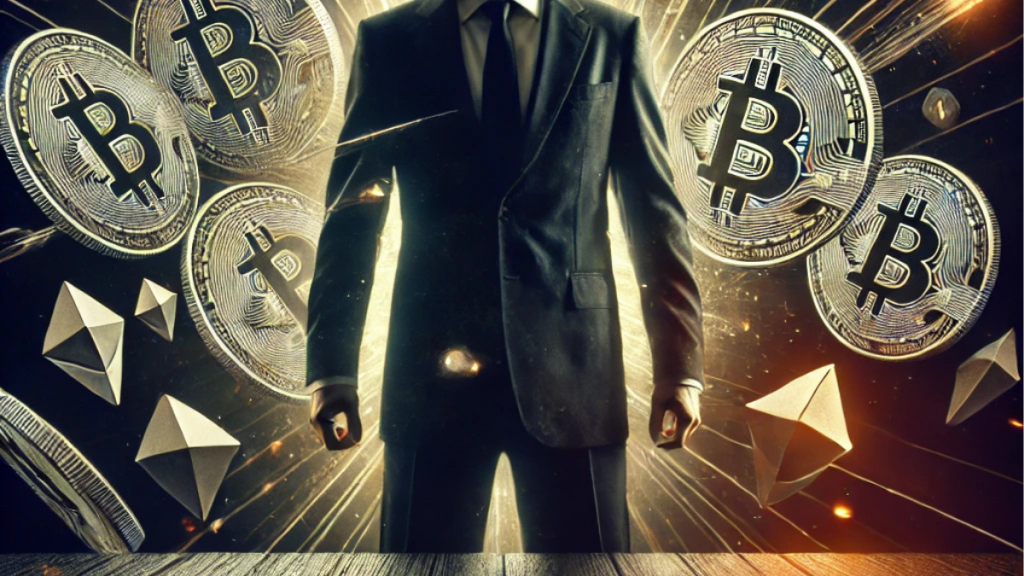 Shadowed businessman surrounded by collapsing digital currency symbols, with floating handcuffs and a courtroom background symbolizing financial fraud and justice