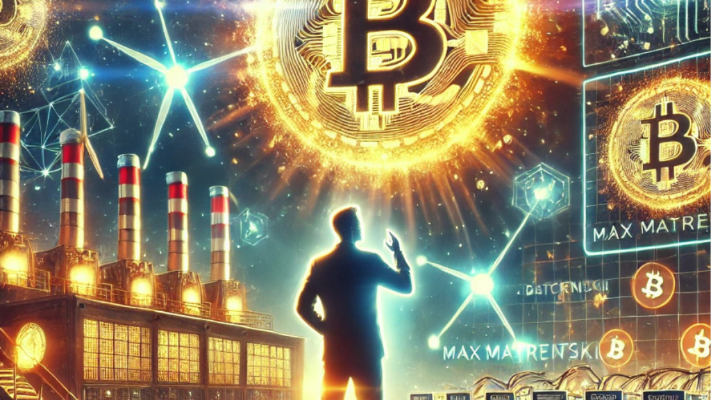 Visionary figure standing before a high-tech Bitcoin mining facility powered by renewable energy, surrounded by glowing blockchain networks and mining rigs.