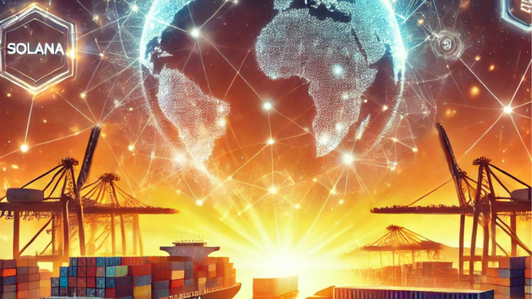 Glowing blockchain networks connecting global shipping routes, cargo containers, and digital transaction ledgers, symbolizing Solana’s impact on supply chain management.