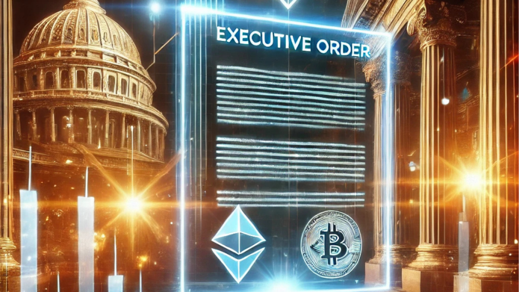 Glowing executive order document with blockchain symbols, surrounded by digital financial charts and a futuristic government building, symbolizing crypto policy changes."