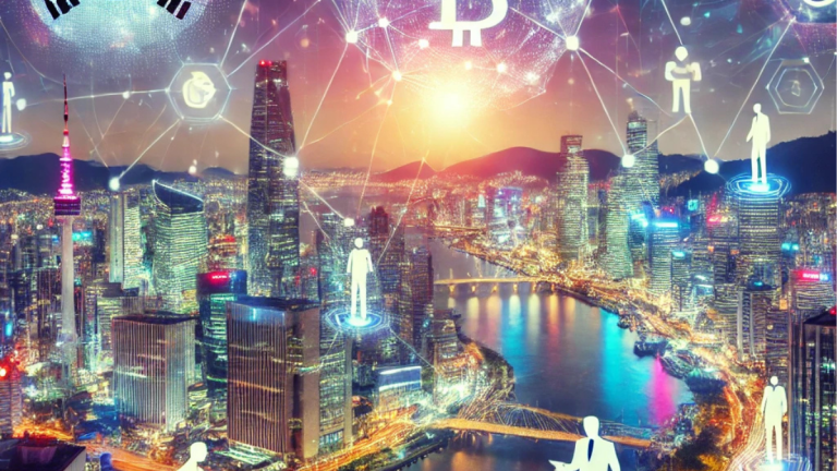 Glowing blockchain network over a modern Korean city skyline, with corporate figures and financial symbols representing expanded cryptocurrency access."