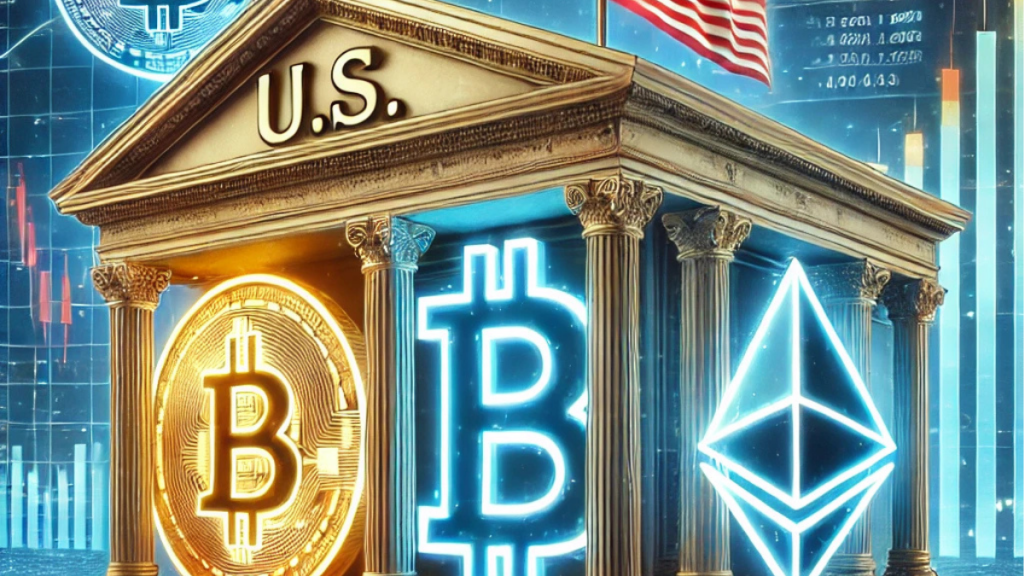 Modern bank building with glowing Bitcoin and Ethereum symbols, surrounded by financial graphs and blockchain elements, symbolizing U.S. banks entering cryptocurrency services."