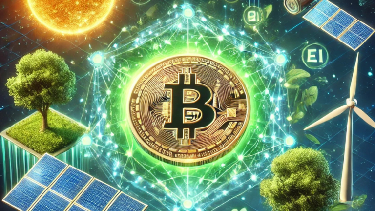 Glowing blockchain network powered by solar panels and wind turbines, with a digital coin symbolizing eco-friendly cryptocurrency at the center."