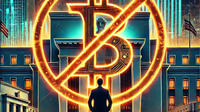 "Glowing digital dollar symbol crossed out, with Jerome Powell in front of the Federal Reserve, symbolizing resistance to central bank digital currencies."