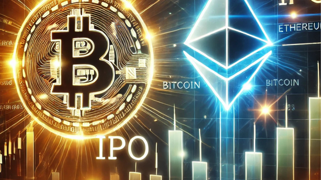 Glowing stock market chart merging with a digital cryptocurrency exchange interface, with Bitcoin and Ethereum coins rising in the background, symbolizing crypto exchange IPOs.