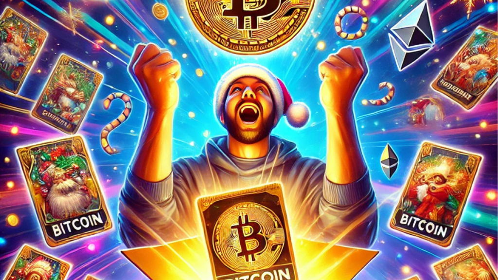 Excited collector holding a glowing Bitcoin Redemption Card, surrounded by festive-themed trading cards and digital currency symbols like Bitcoin, Ethereum, and Dogecoin.