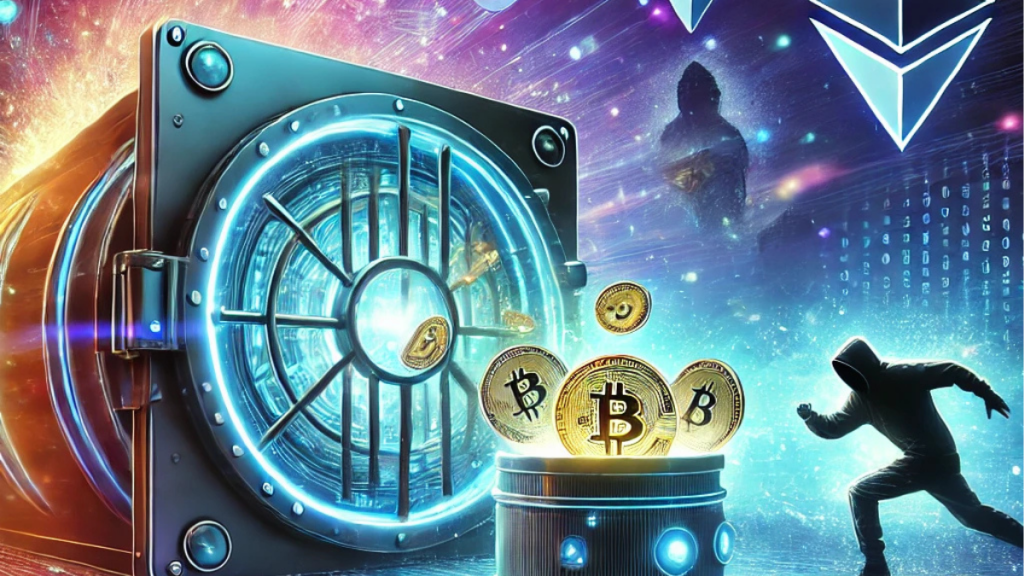 A futuristic digital illustration depicting the rapid recovery of Bybit Cryptocurrency Exchange after a major cyber heist, showcasing a high-tech vault restoring digital assets with enhanced security