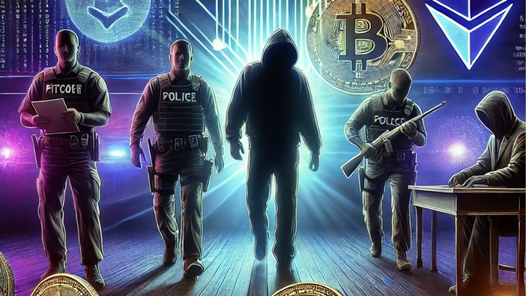 A digital illustration of law enforcement officers recovering cryptocurrency from a fraudulent trading platform in Loudoun County, symbolizing the bust of a Cryptocurrency Pig Butchering scam