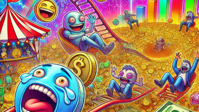 A vibrant and surreal illustration of meme coin scams, featuring cartoonish coins falling into a 'Rug Pull' trap while investors ride a chaotic crypto rollercoaster.