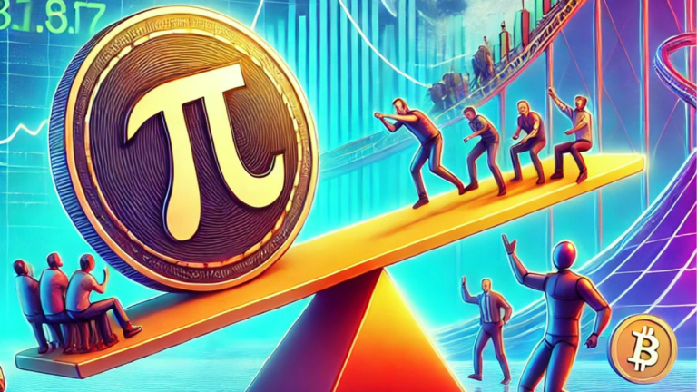 A fun digital illustration of Pi Coin balancing on a seesaw of speculation, with excited investors and cautious analysts, symbolizing the uncertainty of Pi Coin valuation.