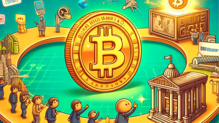 A fun digital illustration of Bitcoin adoption, showing a golden Bitcoin evolving into a treasure chest labeled 'Digital Gold,' with governments, businesses, and individuals embracing it.